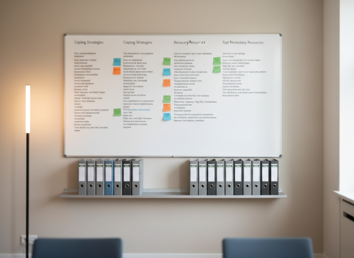 A structured whiteboard in a neutral meeting room, filled with neatly written keywords and color-coded sticky notes about coping strategies, communication tips for relatives, and recovery resources, all intentionally out of focus to avoid readable text. Below the board, a slim shelf holds an organized row of closed folders in gray and muted blue, symbolizing well-prepared information. The room’s walls are light beige, and a slim floor lamp casts soft, warm light that blends with subtle daylight from the right, avoiding harsh contrasts. Photographed straight-on with symmetrical composition and medium depth of field, the image conveys professionalism, clarity, and methodical support, ideal for illustrating structured group work around eating disorders in a photographic, corporate aesthetic.