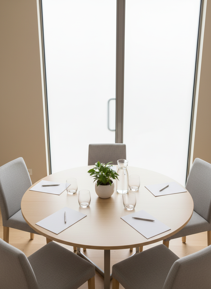 An orderly round conference table in a bright, modern room, with six evenly spaced empty fabric-covered chairs in soft gray around it, each place marked by a simple white notepad and a slim pen. In the center stands a small, understated plant in a matte white pot and a carafe of water with clean glasses, symbolizing shared support. Neutral walls and a frosted glass door hint at privacy and discretion. Diffused overcast daylight fills the room, eliminating harsh contrasts. Captured from a slightly elevated angle with a wide, sharp focus, the scene conveys professionalism, openness, and a protected space for self-help group meetings on eating disorders in a clean, structured, photographic style.