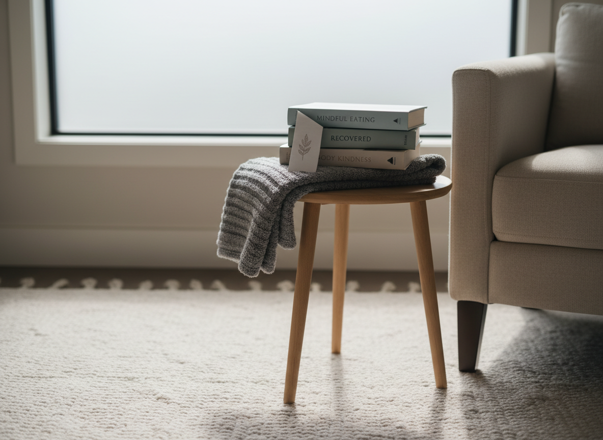 A close-up of a carefully curated reading corner in a neutral-toned counseling space, featuring a small side table with three neatly stacked books about mental health, a simple bookmark peeking out, and a soft, folded gray blanket resting beside them. The table stands on a light, textured rug, with a nearby armchair partially visible, its clean lines suggesting comfort without clutter. A large, frosted window in the background allows diffuse, natural light to bathe the scene, creating soft shadows and a peaceful glow. Captured at a slightly low angle with the books in sharp focus and the background subtly blurred, the atmosphere is calm, reflective, and hopeful, embodying gentle education and orientation for those dealing with eating disorders.