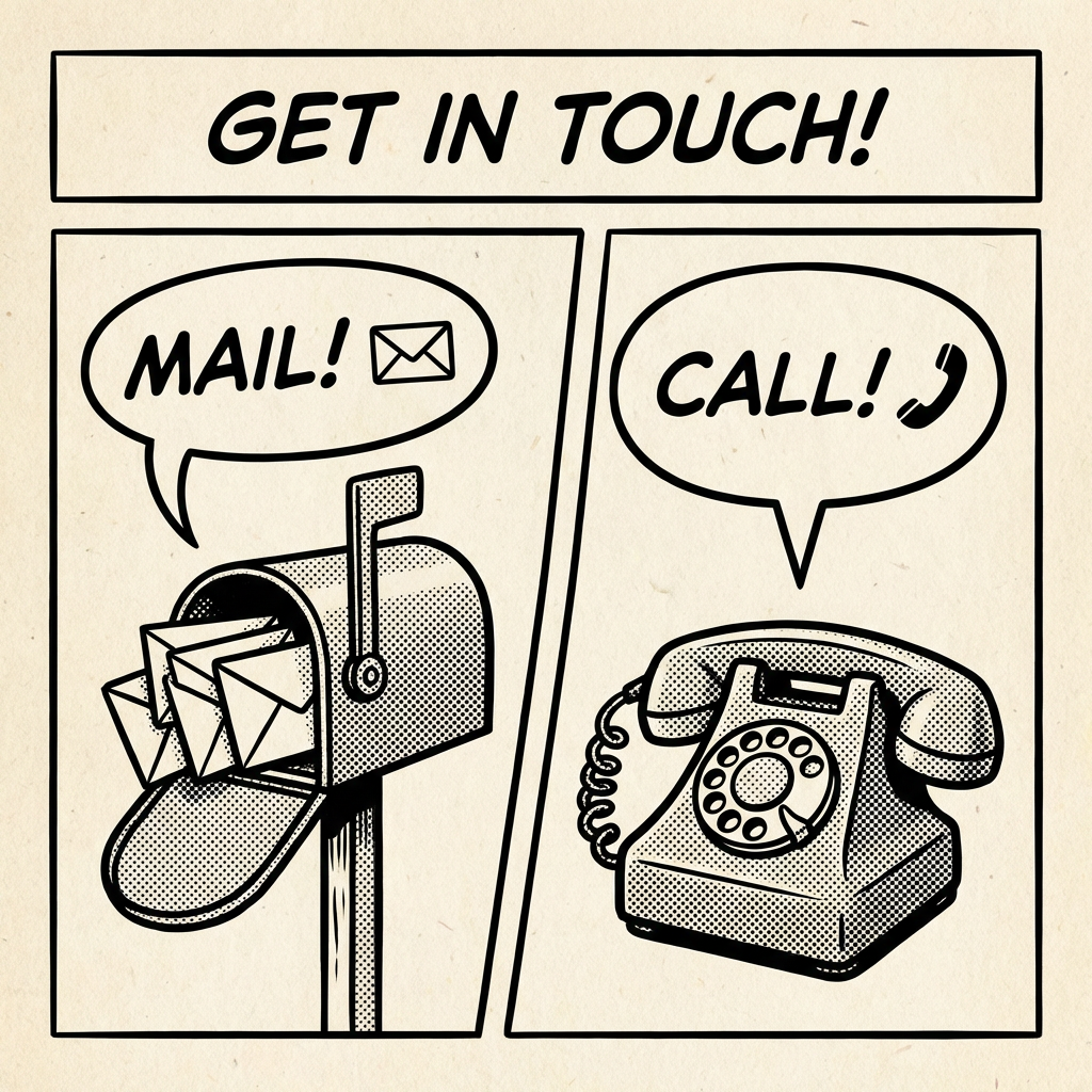Graphic with text: GET IN TOUCH! panel for MAIL! and panel for CALL!.