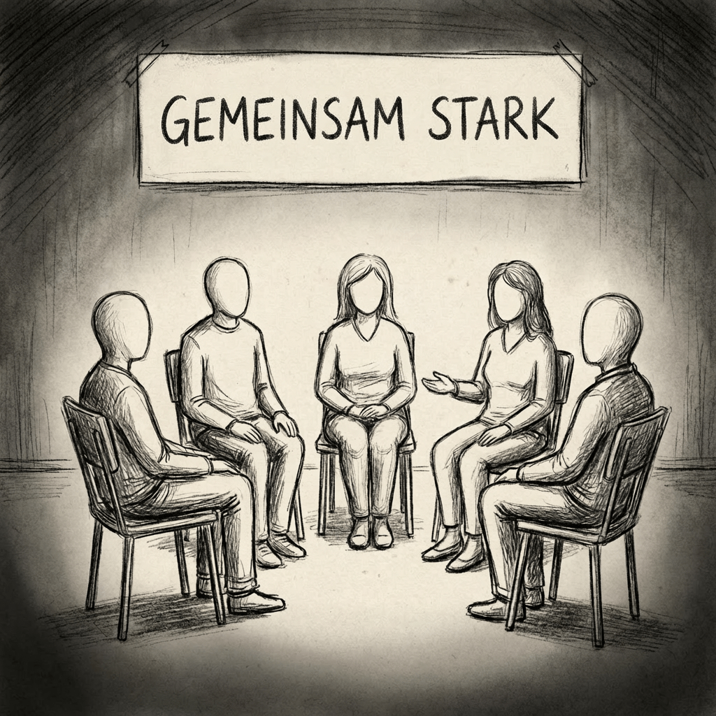 Five people in a circle under a sign reading GEMEINSAM STARK – UNTERSTÜTZUNGSGRUPPE.