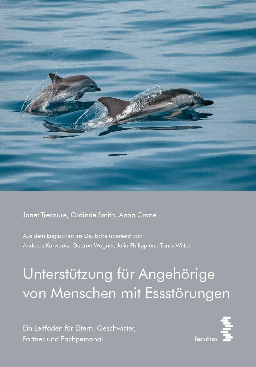 Buchtitel „Unterstützung für Angehörige von Menschen mit Essstörungen“ mit Delfinen auf dem Cover