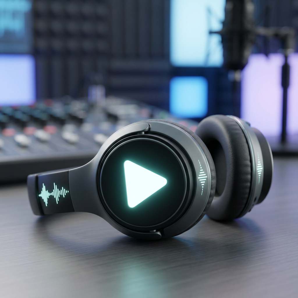 Black over-ear headphones featuring a glowing play symbol and sound wave icons